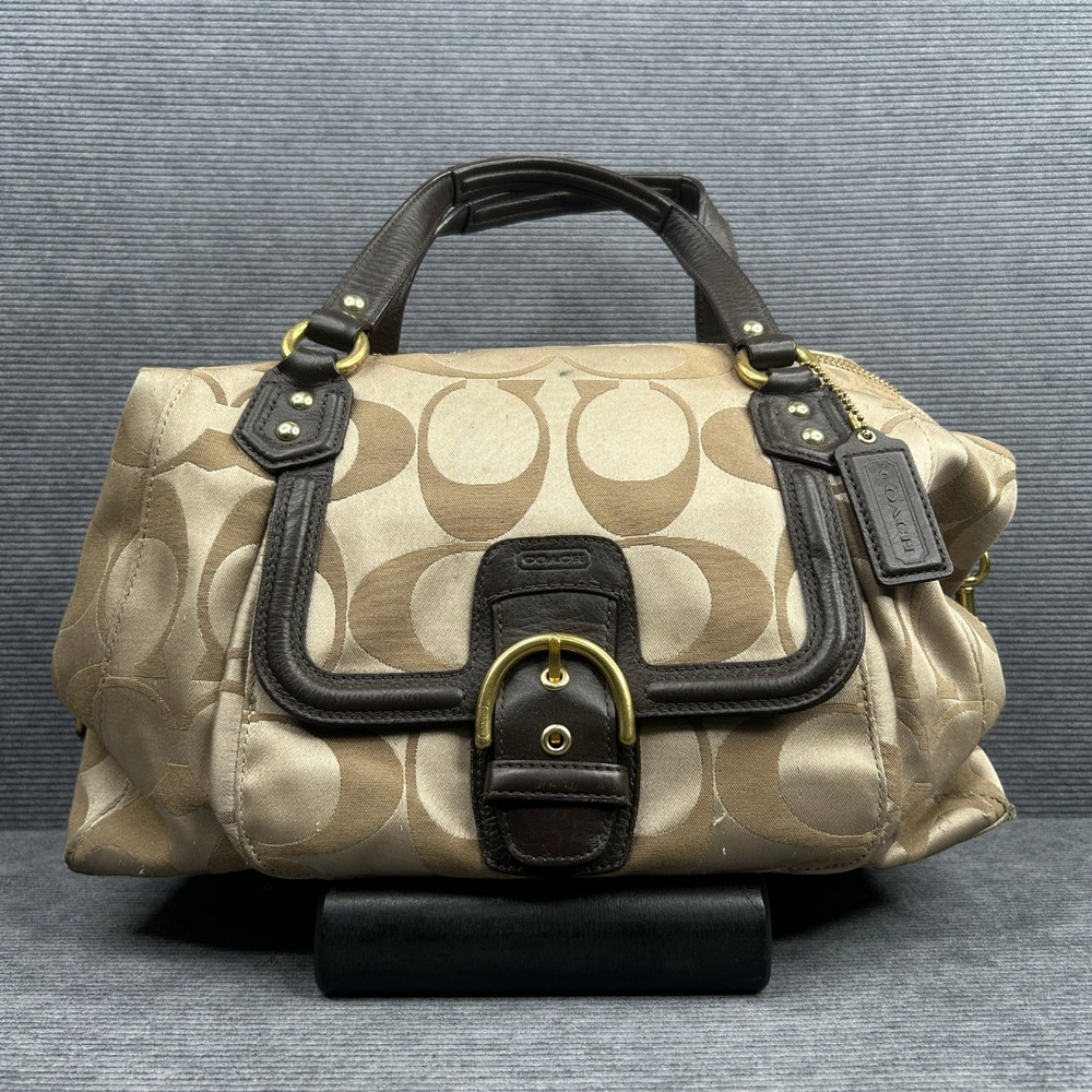 Coach Campbell Soho Signature Jacquard Satchel Khaki Brown Leather Buckle Bag